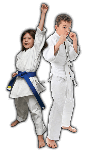 Martial Arts Lessons for Kids in Ault CO - Happy Blue Belt Girl and Focused Boy Banner